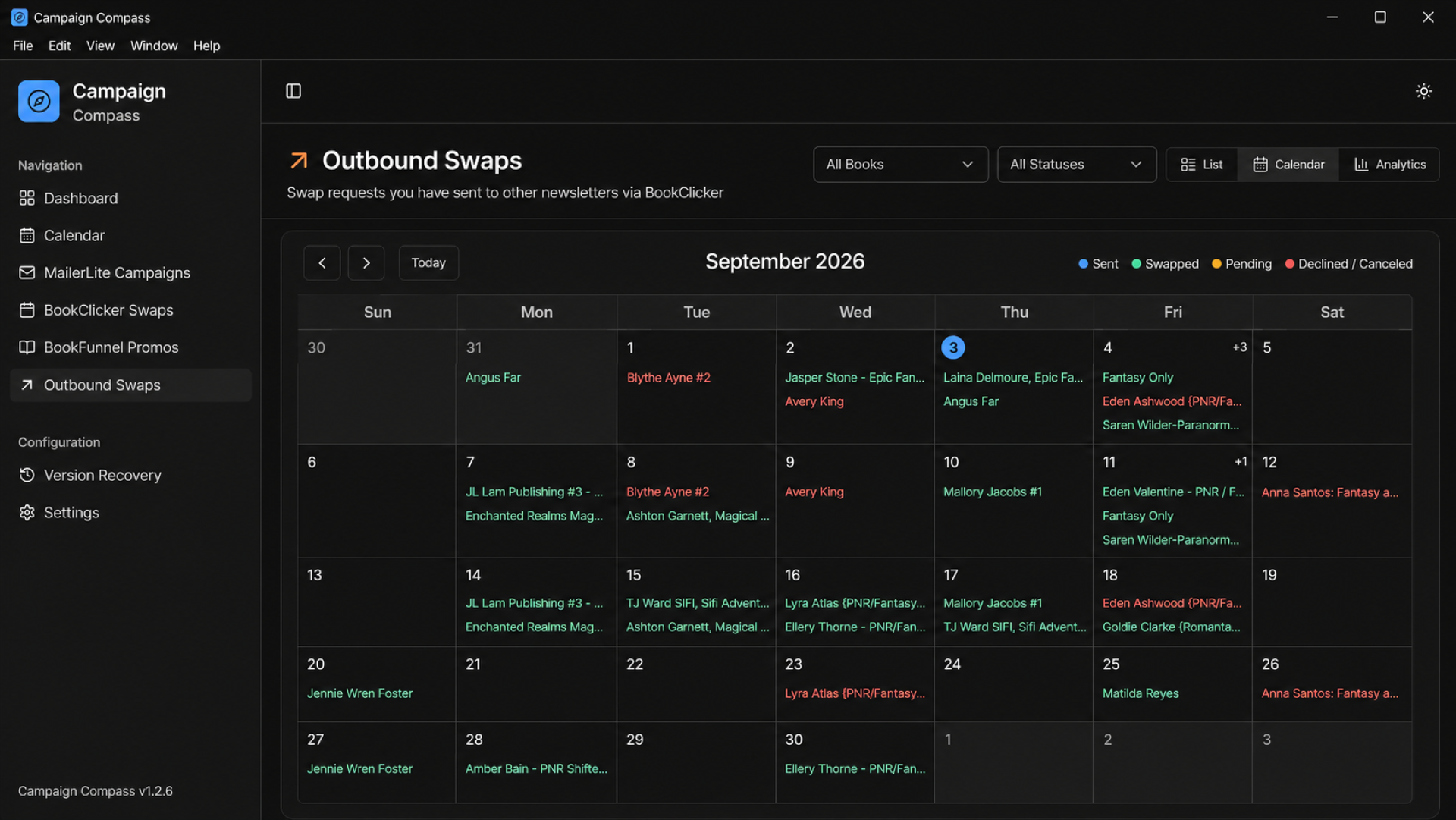Campaign Compass outbound swaps calendar showing scheduled BookClicker newsletter commitments by date and status.